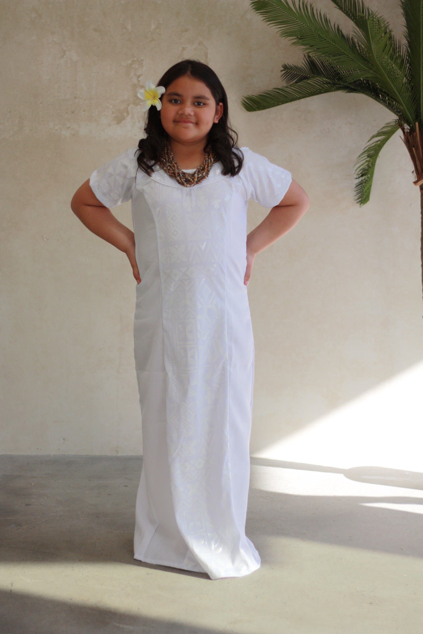 Polynesian Fashion Girls Dress White (Straight Cut)