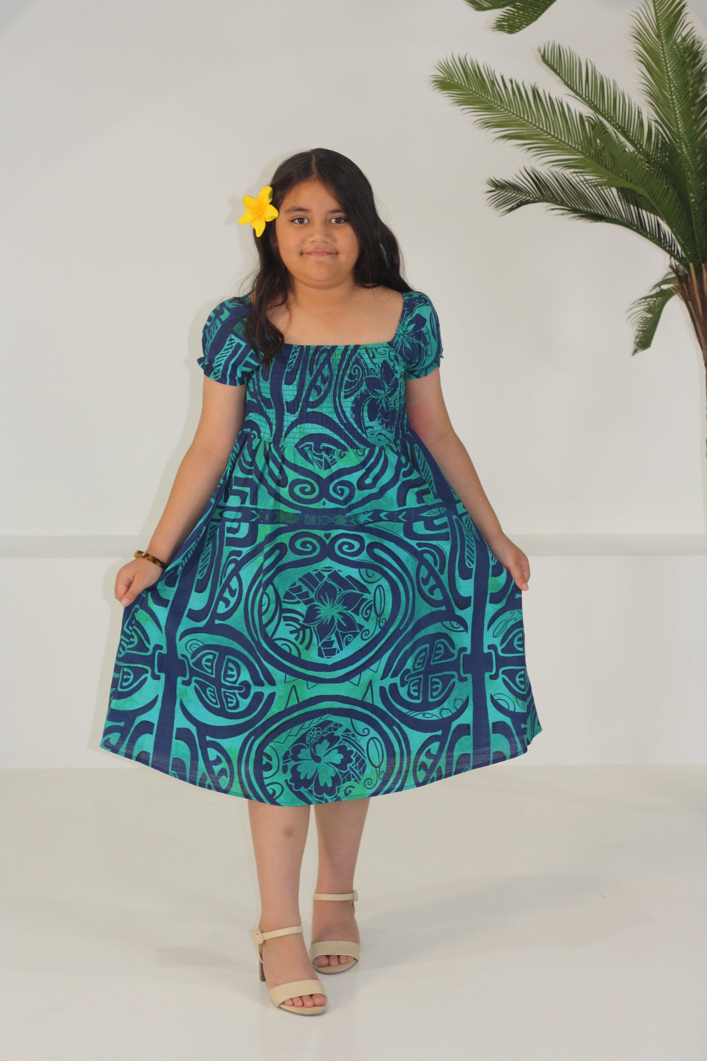 Akamu Girls Vali Smocked Dress Viriya Teal LG2049