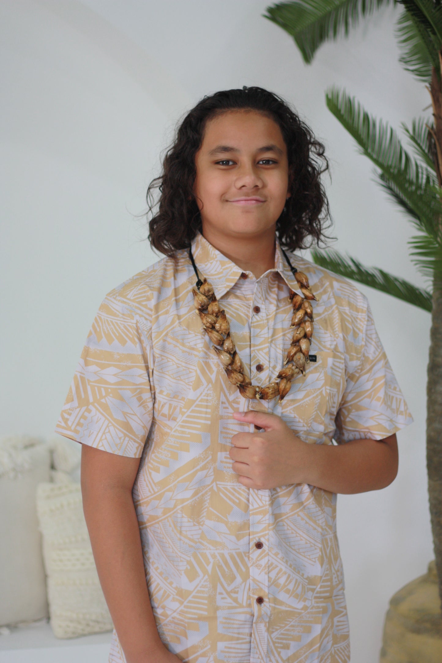Tribal Origin Boy's Bula Shirt - Beige and Light Grey (SB2095)
