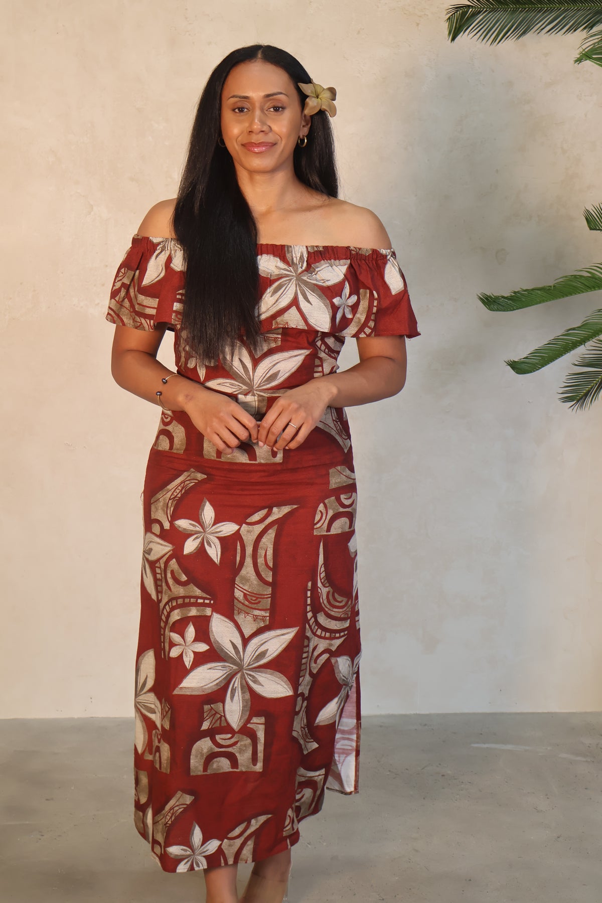 Akamu Ladies Ohini Dress in Maroon Kalani Collection LD5467
