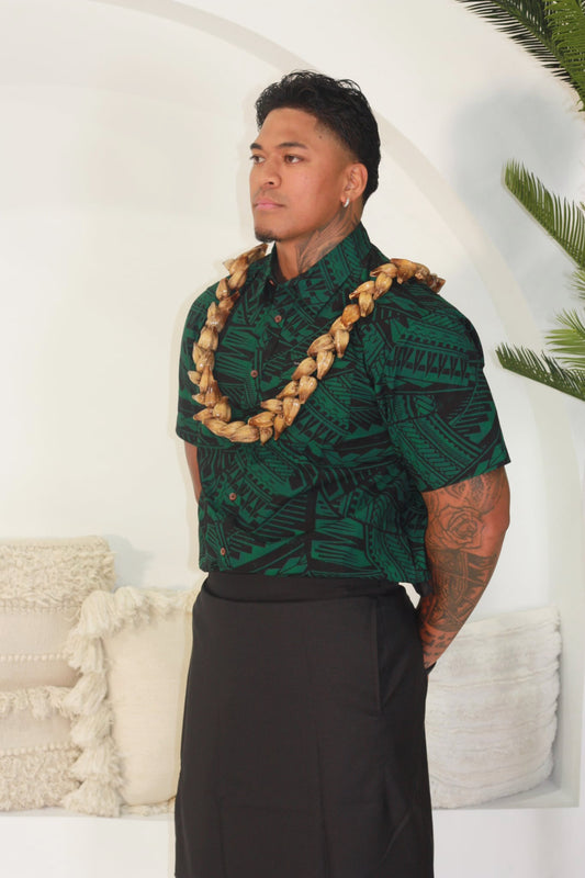 Tribal Origin Mens Bula Shirt- Green and Black SS4461