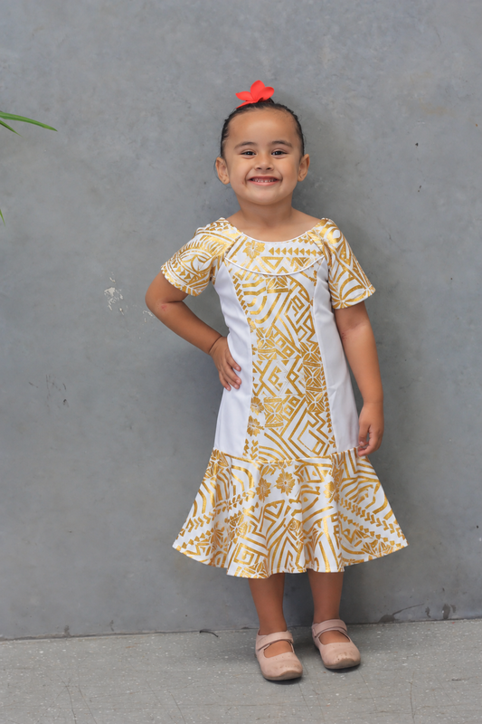 Polynesian Fashion Girls Dress White Metalic Gold