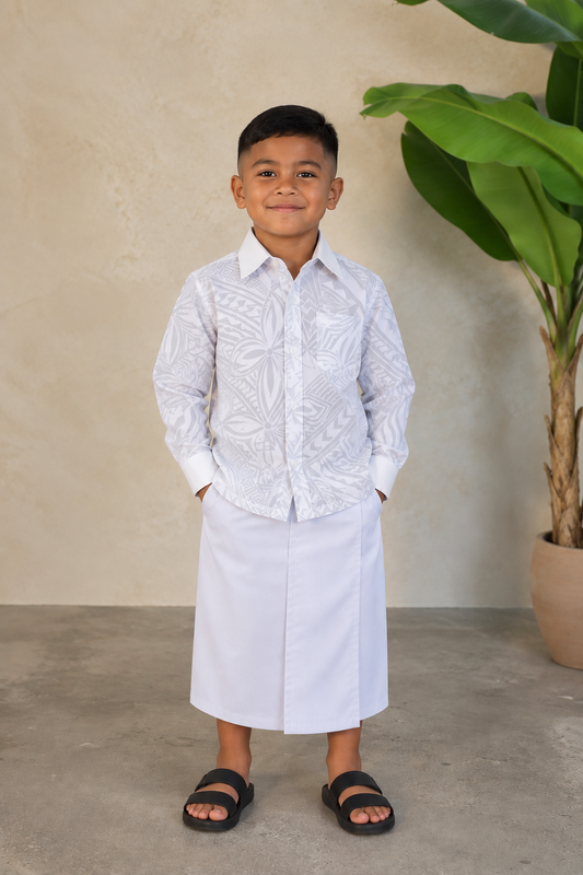 Polynesian Fashion Boys Long Sleeve Shirt -White on White