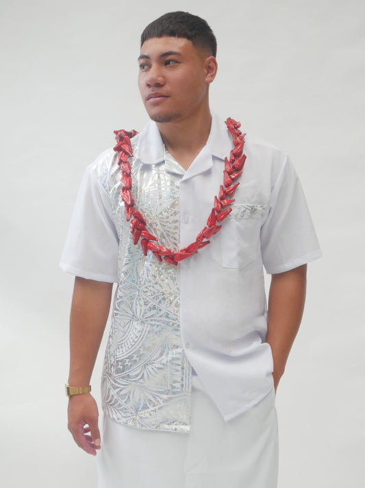 Polynesian Fashion Mens Silver Metalic Short Sleeve Shirt