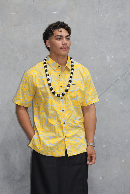 Tribal Origin Men's Bula Shirt- Yasa SS4321 (Yellow Grey)