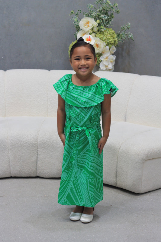 Mesian Girl's Off-shoulder Dress in Green (CT3240)