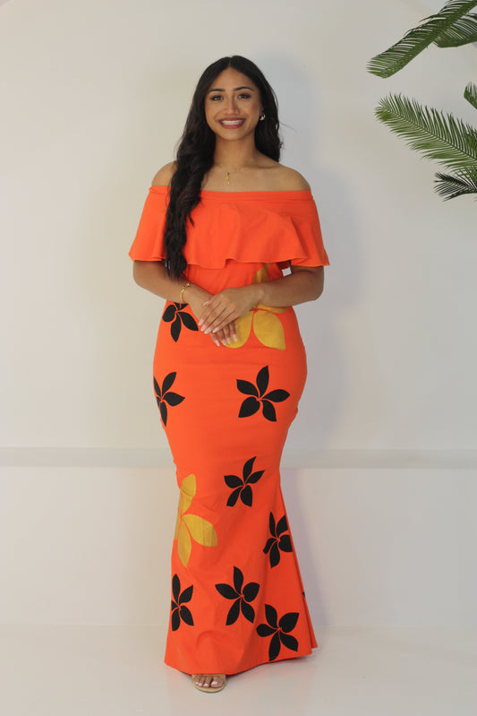 Cece's Orange Frangipani Offshoulder Dress (Size 14 only)
