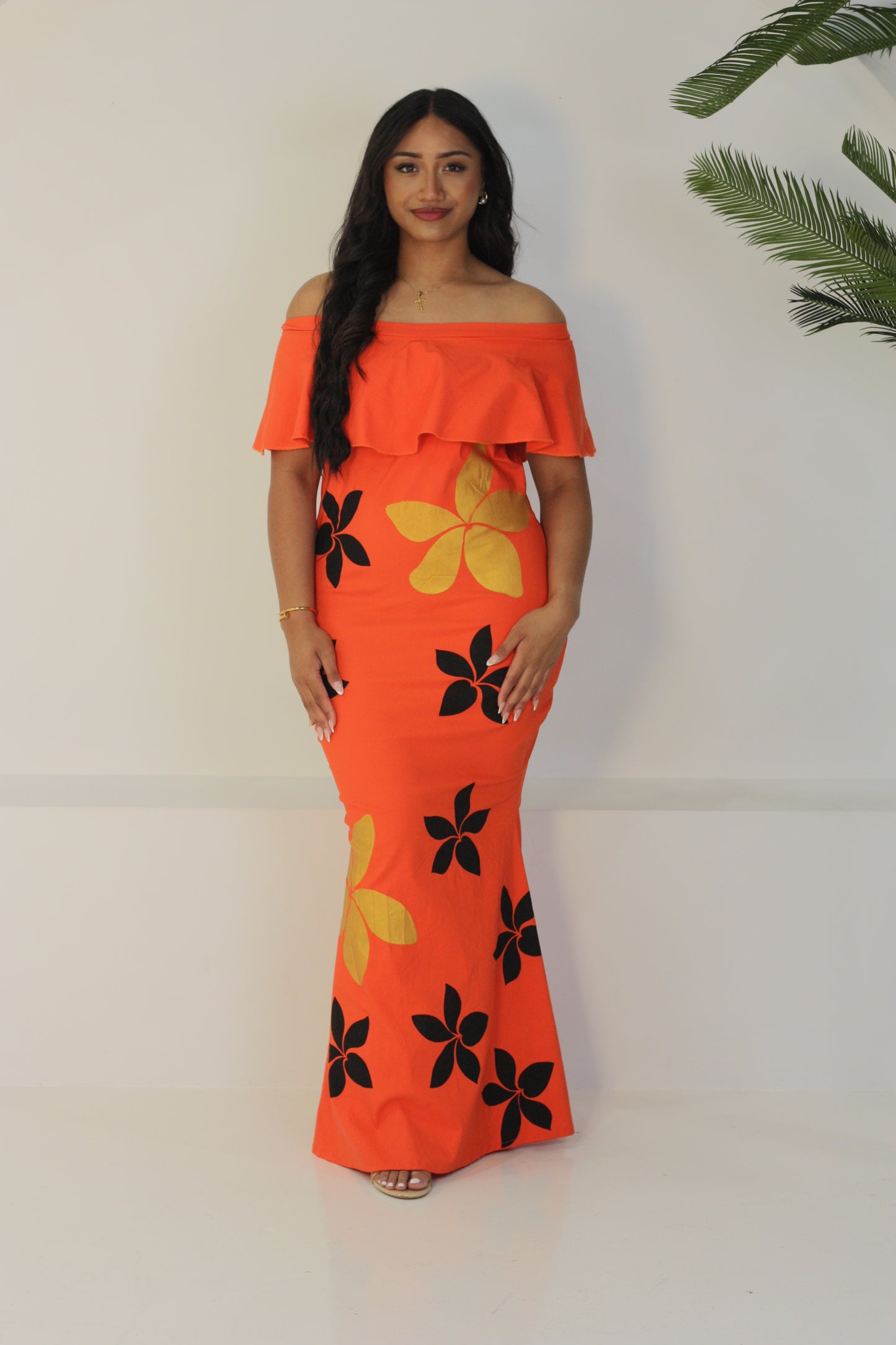 Cece's Orange Frangipani Offshoulder Dress (Size 14 only)
