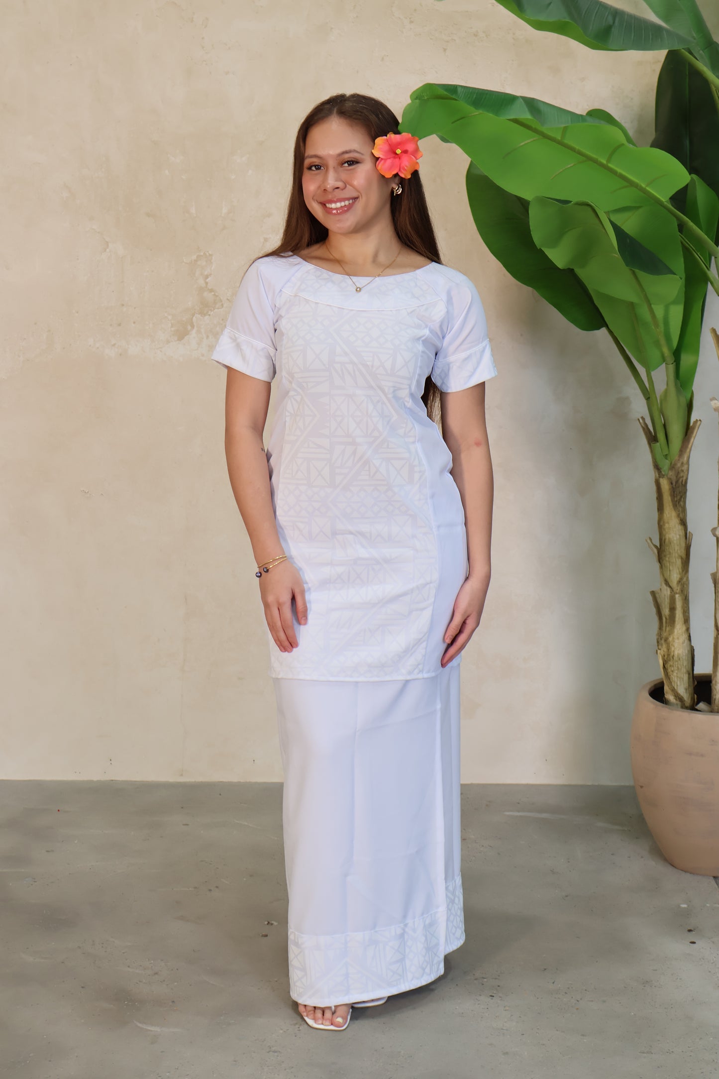 Polynesian Fashion Women's White Puletasi Short Sleeve
