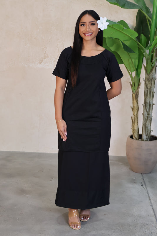 Polynesian Fashion Women's Black Puletasi (Short Sleeve)