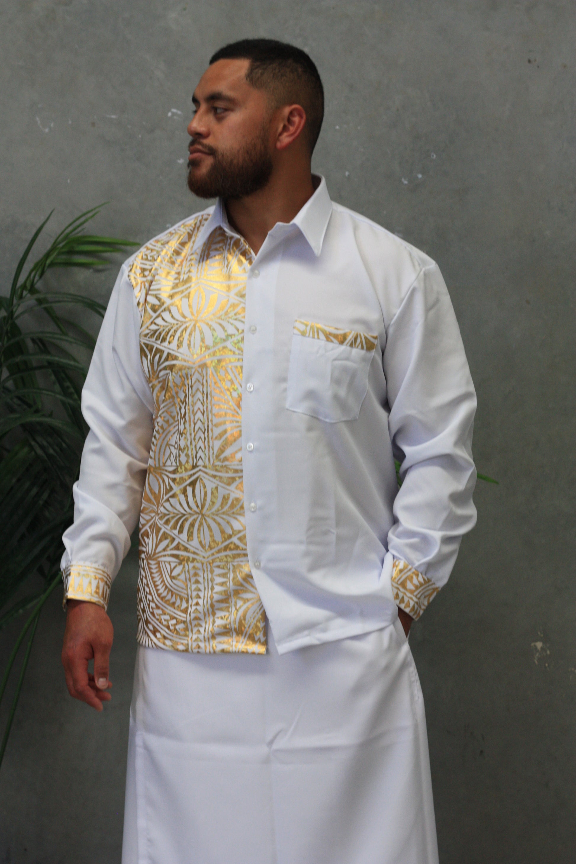 Polynesian Fashion Men Long Sleeve Shirt Metalic (White and Gold) Pacific Way Gift Shop Polynesian Fashion Men Long Sleeve Shirt Metalic (White and Gold) Pacific Way Gift Shop