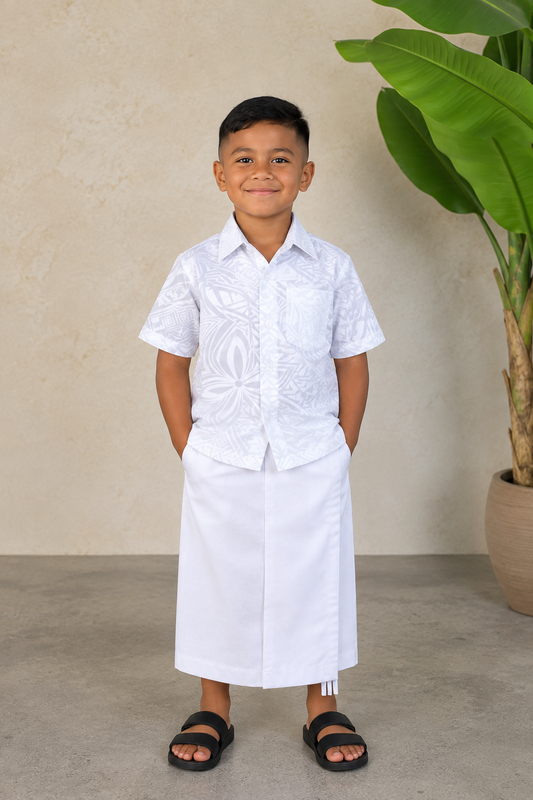 Polynesian Fashion Boy's White on White Elei Shirt Short Sleeve