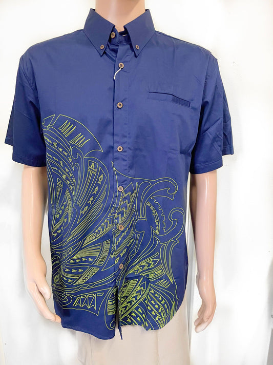 Tanoa Samoa Men's Stingray Shirt ( Navy Blue & Lime)